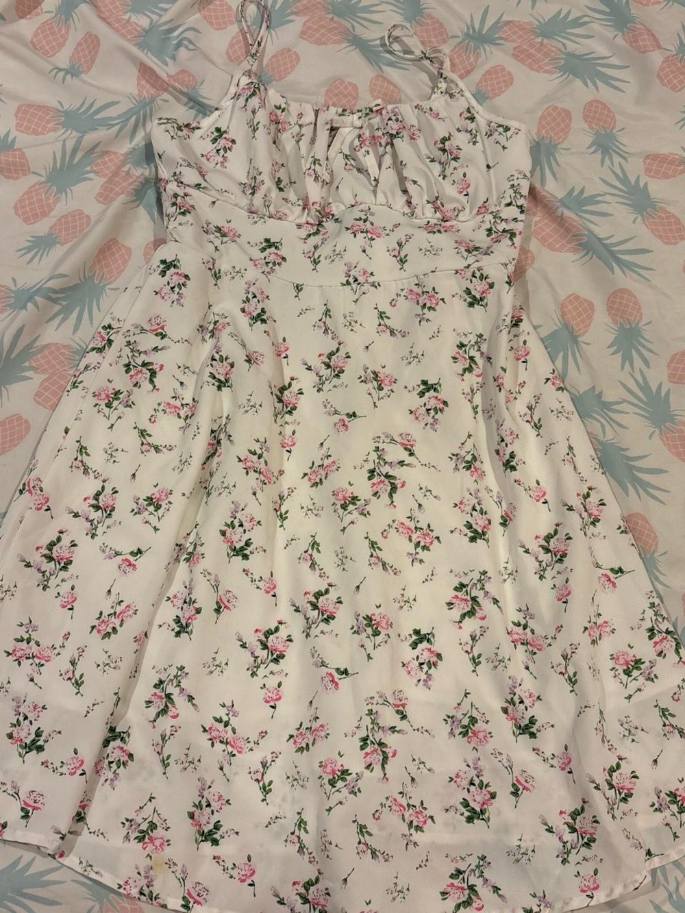 White Floral Mini Dress with Pink and Green Accents